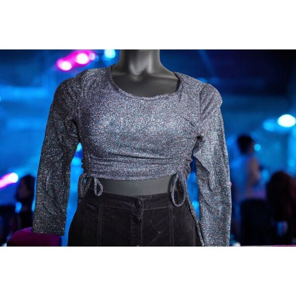 Jade Metallic Glitter Ruched Crop Top – Y2K Party Clubwear – Size L - Picture 3 of 15